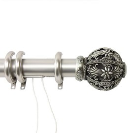 Decorative Traverse Curtain Rod w/Rings Embroidery Finial 30-48 inch - Satin Nickel