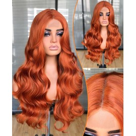 Lizzy Long Wavy Wigs for Women Middle Part Curly Wavy Wig Natural Curly Synthetic Wig Heat Resistant Fiber Wigs for Daily Party Use 26inch (Ginger)