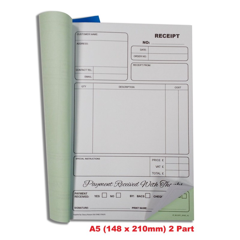 Cherry Carbonless Receipt Duplicate Book A5 | 50 Sets |