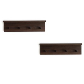 GLHOOM Wall Mounted Coat Rack with Shelf, 4 Hooks, Dark Brown Wood, Set of 2 (Walnut Color)