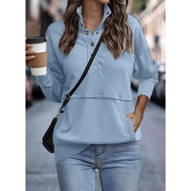 SHEWIN Womens Sweatshirt Casual Long Sleeve Lightweight Sweatshirts Loose Button V Neck Pullover Tops Fall Clothes for Women 2025,US 12-14(L),Sky Blue