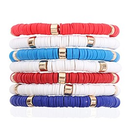 RIAH FASHION Bohemian Multi-Layer Beaded Stacking Statement Bracelets - Versatile Strand Stretch Sparkly Crystal Beads Wrap Slip-on Cuff Bangle Set (Disc Bead Multi 7 Layer - USA)