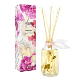 LOVSPA Pink Peony Reed Diffuser Scented Stick Gift Set with Essential Oils and Real Flower Petals in The Bottle, Made in The USA