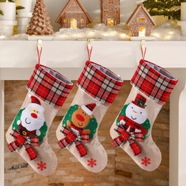 SHareconn Christmas Stockings, 18" Set of 3 Santa, Snowman, Reindeer, Xmas Character 3D Plush with Bow Christmas Hanging Socks for Party Decoration and Xmas Day, Red & White