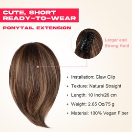 NTYNTY Ponytail Extension, 10" Short Claw Clip in Ponytail Hair Extensions Messy Bun Hair Piece Natural Soft Synthetic Straight Pony Tail Hair Pieces for Women - Chestnut Brown with Highlights