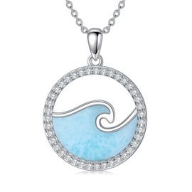 BETHZA Larimar Wave Necklace S925 Sterling Silver Ocean Wave Pendant Round Wave Necklace Gemstone Wave Necklace for Women Wife Mother