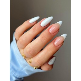 French Tip Press on Nails Medium Length Fake Nails Full Cover Round Head False Nails White Nail Tips Acrylic Nails Glossy Artificial Glue on Nails for Women Girls DIY Manicure Supplies(24Pcs)