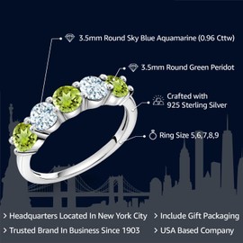 Gem Stone King 925 Sterling Silver Green Peridot and Sky Blue Aquamarine Wedding Band Ring For Women (0.96 Cttw, Round 3.5MM, Gemstone August Birthstone, Available In Size 5, 6, 7, 8, 9)