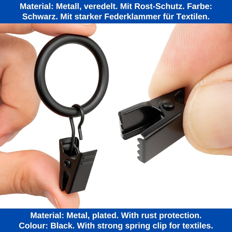 Curtain Clips with Rings, 30 Pieces, Black, Diameter 32 mm