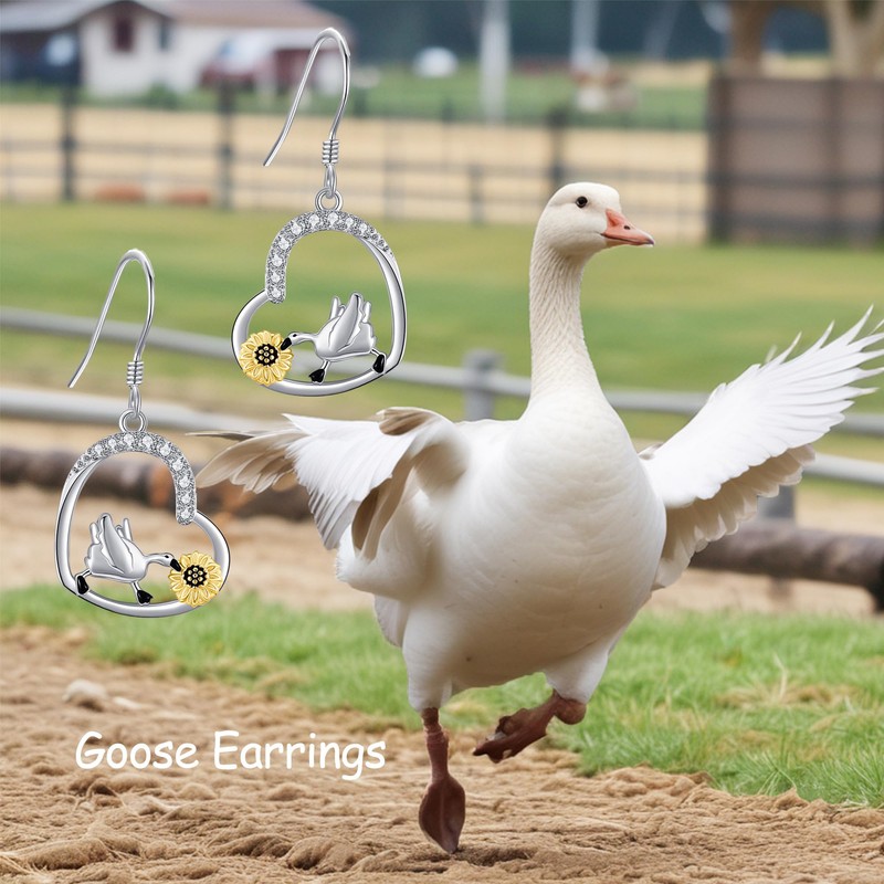 Goose Earrings 925 Sterling Silver Sunflower Heart Shape Dangle Drop