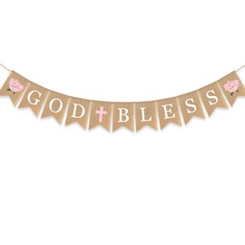 Flower God Bless Banner Baptism Burlap Garlands Girl Pink Cross Floral First Communion Christening Decoration