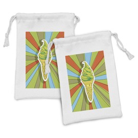 Ambesonne Art Fabric Pouch Set of 2, Hand Drawn Ice Cream on Cone with Colorful Rays Coming out from the Middle, Small Drawstring Bag for Toiletries Masks and Favors, 9" x 6", Lime Green Multicolor