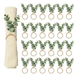 AEKAO 24 Pcs Napkin Rings with Artificial Eucalyptus Leaf Wood Bead Jute Rope for Christmas Farmhouse Wedding Home Dining Table Party Decoration