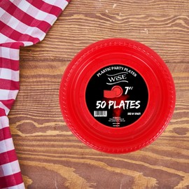 Wise Plastic Disposable Red Plates – Heavy Duty Tableware for Parties, Weddings, Catering, and Events – Premium Quality, Microwave Safe, Recyclable – 50 Pack (Red, 7")