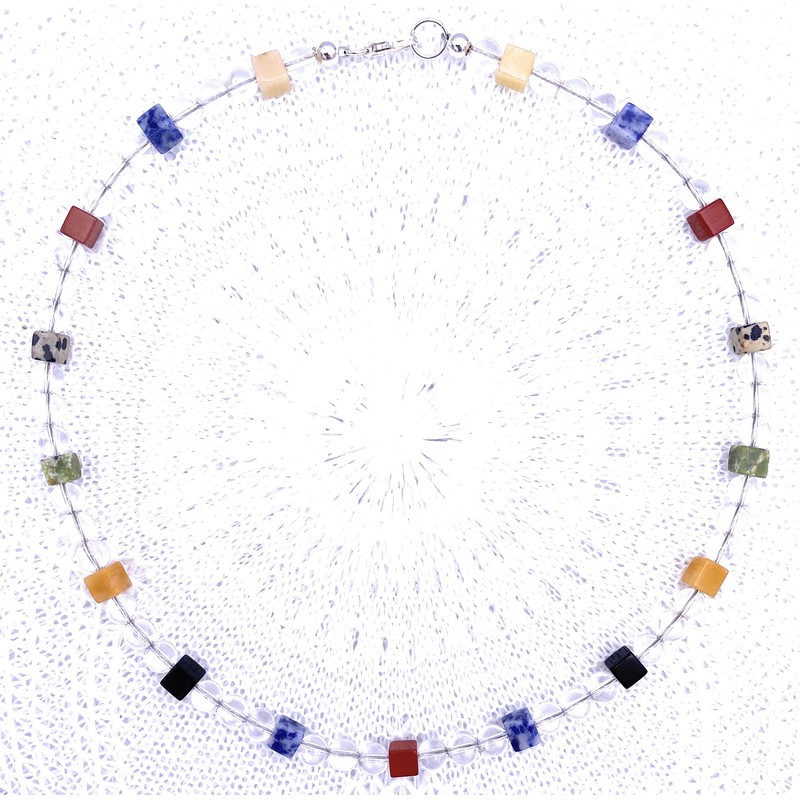 Rock Crystal Jewellery Necklace with Colourful Gemstone Cube Clasp 925