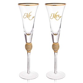 Wedding Champagne Flute - Mr And Mrs Champagne Flute With Gold Rim - Wedding Gift For Couple - Rhinestone Studded Bride And Groom Champagne Glass - Bride Gift - Mr And Mrs Gift Set of 2 By Trinkware