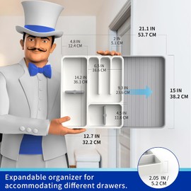 MR.SIGA Organizador de cubiertos expandible, organizador de cubiertos para cajón, organizador de utensilios y bandeja de cubiertos ajustable para cajón de cocina, blanco y gris