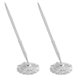 2Pcs Silver Wedding Metal Pen Stand Holder Set Signing Desk Ballpoint Pen for Guest Book Bridal Teacher Wedding Engagement Graduation Business Home Office Gift Supplies Black Ink