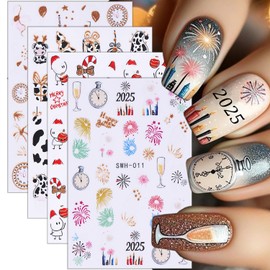 4 Sheets Christmas Nail Stickers for Nail Art,3D Self-Adhesive New Year Nail Art Stickers Cute Cartoon Cow Fireworks Clock Nail Supplies Winter Xmas Nail Decals for Women Girls Manicure Decoration