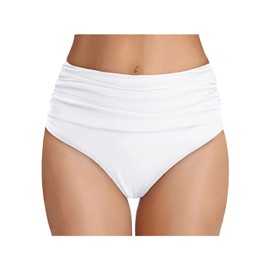Tempt Me Women's White High Waisted Bikini Bottom Tummy Control Ruched Bathing Suit Swim Bottom M
