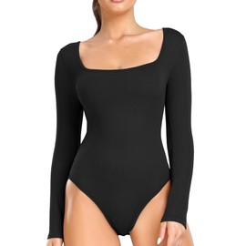 RIOJOY Body Women's Long Sleeve Elegant Scoop Neck Bodysuit Shapewear Top Tops for Everyday Use, A01 - Black (square neckline)