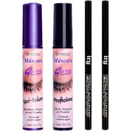 Kit 2 Mascara de Pestañas Prosa + 2 Delineador de ojos Retractil IVY Café Claro y Oscuro Maxi Volumen, Profesional Negro o Cafe (Negro)
