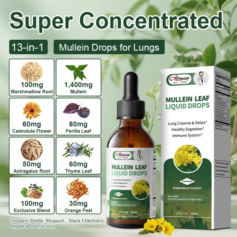 Alliwise Mullein Leaf Tincture Natural Liquid Drops Extract 2 Oz