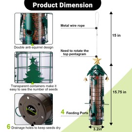 Squirrel Proof Bird Feeders for Outdoors Anti Squirrel Buster Hanging Metal Mesh Wild Bird Seed Feeder with Weight-Activated Perches, 4 Feeding Ports, 2.5LB Capacity, Green