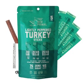 The New Primal Lightly Peppered Turkey Sticks, Keto & Gluten Free Healthy Snacks for Adults, Sugar Free Low Carb High Protein Snack, Paleo Whole30 Jerky Meat Stick, 7g Protein, 45 Calories, 5 Pack