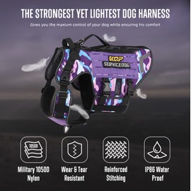 KQP No Pull Dog Harness -Tactical Dog Harness - Military Dog Vest with Adjustable - Dog Harness for Large Dogs, Service Dog, Purple Camo, XL