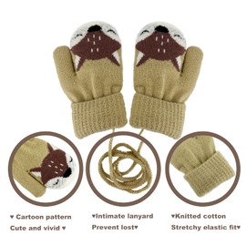 Warm Knitted Mittens for Toddlers Cute Cartoon Winter Gloves Full Fnger Mittens with String Hanging Neck for 1-4 Years Kids - khaki