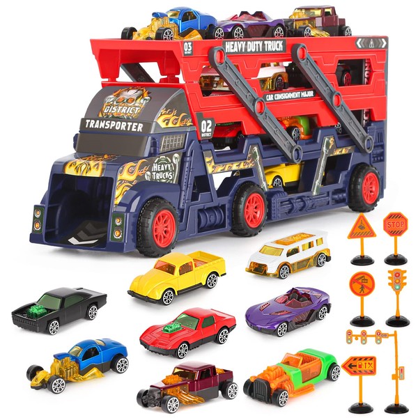 Aoskie Car Transporter Truck Toys for 3 4 5 Years Old, Mega Hauler Trucks with 8 Race Cars for Boys Girls Age 3+