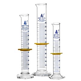 EISCO Premium Graduated Cylinder Set - 50mL, 100mL & 250mL - ASTM, Class A - Protective Collars, Hexagonal Base - Blue Graduations - Borosilicate 3.3 Glass