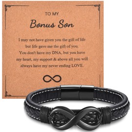 CERSLIMO Bonus Son Gifts Bracelet - Stainless Steel Infinite Charm & Leather Bracelets Boys Gifts for Bonus Son, Bonus Son Gifts from Stepmom Birthday Christmas Graduation Gift, Bonus Step Son Gifts