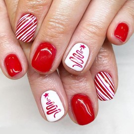 Short Christmas Press on Nails Petite Red Fake Nails Winter Acrylic Nails False Nails with Xmas Tree Designs Cute Glue on Nails Christmas Extra Short Stick on Nails for Women Manicure Decorations
