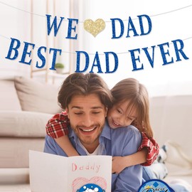FHGG Happy Father's Day Decorations Banner Glitter Blue We Love Dad Best Ever Fathers Dad's Papa's Party Garland Banner for Party Supplies Home Celebrate