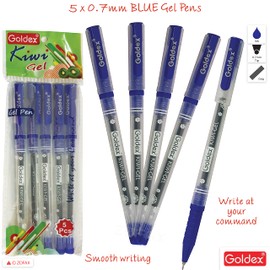 Goldex Kiwi BLUE 5 x 0.7mm Tip Soft Gel Pens Smooth Flow Ink Superior Writing
