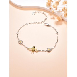 KINGWHYTE Bee Bracelet 925 Sterling Silver Daisy Bracelets Gold-Plated Bee with Flower Bracelets Animal Jewellery Gift for Women Girls Girlfriend, Cubic Zirconia Sterling Silver, Cubic Zirconia