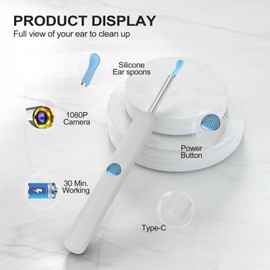 Ntgiso Ear Wax Removal, Ear Cleaner with Camera with 1080P, Ear Wax Removal Tool with 6 LED Light, Ear Wax Removal Kit with 8 Ear Pick, Ear Camera for iPhone, iPad, Android Phones (White)