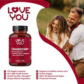 Love You Cranberry 60:1 Extract + Organic Apple Cider Vinegar – Max Strength 36,200 mg Equivalent – 120 Vegan Capsules – Urinary Tract & Digestive Support