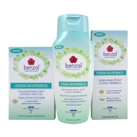 Benzal Kit Cuidado Íntimo Incontinencias, Toallitas Humedas Paquete con 12, Crema Corporal Diaria 30g, Wash Jabón Íntimo Femenino 240ml