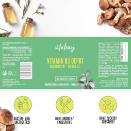 Vitabay Vitamin D3 Depot 20.000 I.E. - 365 Vegane Tabletten Hochdosiert & Vegan - ohne unerwünschte Zusätze - Trägt zur Unterstützung des Immunsystems und zur Erhaltung normaler Knochen bei