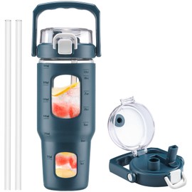 BLUEGO 32 oz Glass Water Bottle with Handle and Straw,Leakproof Sports Glass Bottle with Time Marker and Silicone Sleeve,Glass Drinking Bottle for Travel, Gym, Workout, Dark Blue