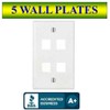 Unbranded 5 PACK Wall Plate 4 Port White Keystone Jack
