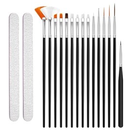 Nail Brushes for UV Gel Nails (15 Pieces) 2 Pieces Nail File Paint Brush Acrylic Nails Set for Nail Design Brush Detail Painting Mixing Black
