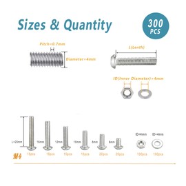 Kadrick 304 Stainless Steel Screws,300 Pcs M4 Screw Assortment Button Head Socket Cap,M4x6mm,8mm,10mm,12mm,16mm,20mm Metric Bolts Nuts Washers Kit with 1 Hex Allen Wrenche