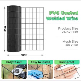 Garden Fence Black PVC Coated Welded Wire Fencing 24 Inch x 100 Foot, 2 Inch x 3 Inch 16GA, Garden Border Fencing Roll Vinyl Coating Metal Wire Mesh for Yard Vegetable Plant Protection Poultry Netting