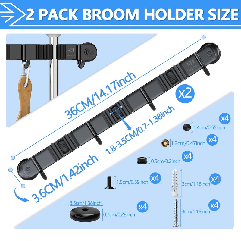 3-H Magnetic Broom Holder Wall Mounted 2 Pack, Strong Magnetic