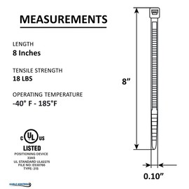 Kable Kontrol Cable Zip Ties Natural White 1000 Pcs 8 Inch, 18 Lbs Tensile Strength, Self-Locking Natural Nylon Clear Plastic Wire Ties Wraps for Indoor or Outdoor Use