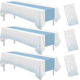 HIPVVILD White and Blue Party Decorations Tablecloth, 3 Pack Disposable Light Blue Dot Table Cover Printed Table Runner for Birthday Baby Bridal Shower Wedding Anniversary Graduation, 86in x 55in